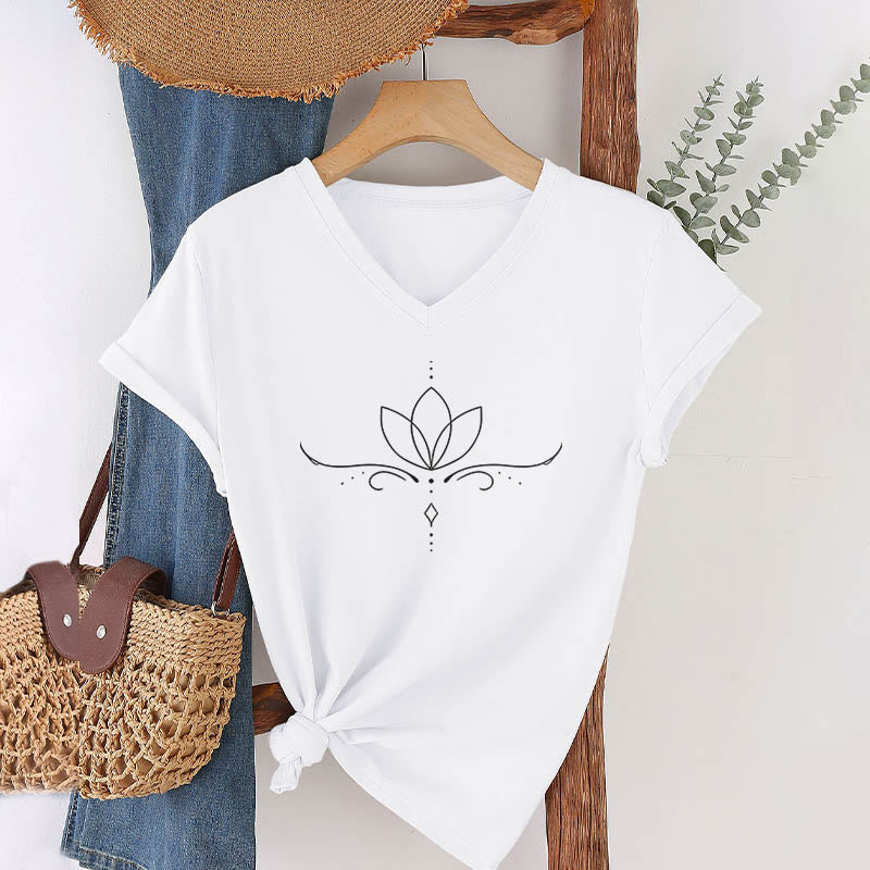 T-shirt Olivenorma élégant style bohème à pois et lignes, imprimé yoga, col en V, pour femme - Blanc - 2XL - image 18