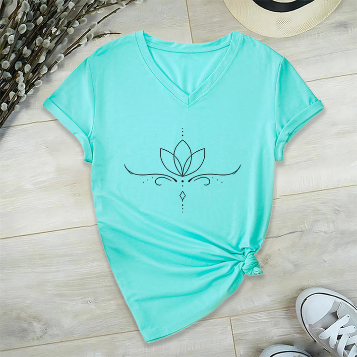 T-shirt Olivenorma élégant style bohème à pois et lignes, imprimé yoga, col en V, pour femme - image 1