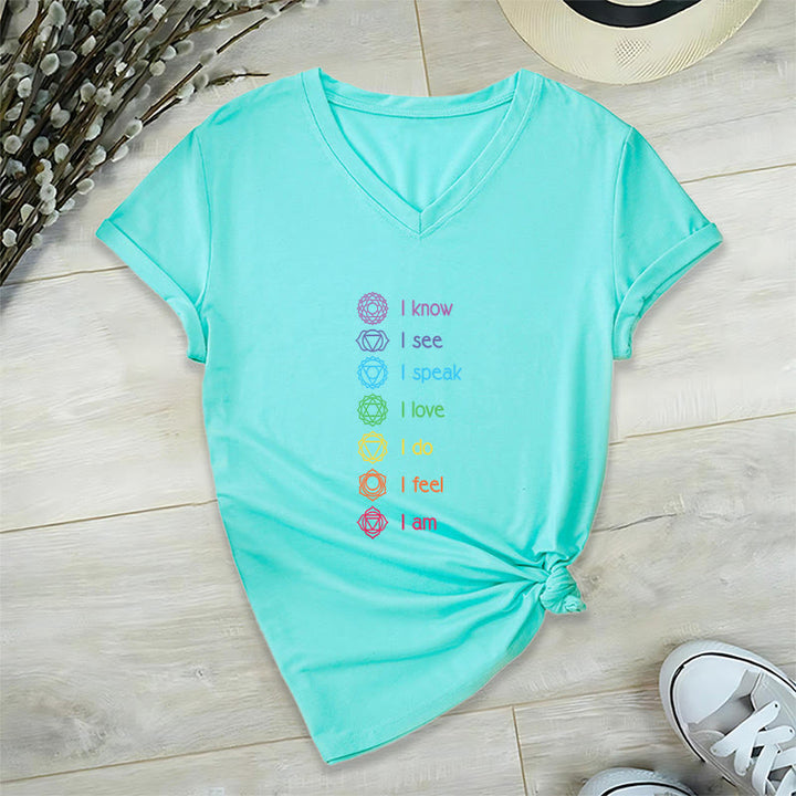 T-shirt à col en V pour femme Olivenorma avec symbole arc-en-ciel vertical et affirmation des 7 chakras - Lac Bleu - 2XL - image 12