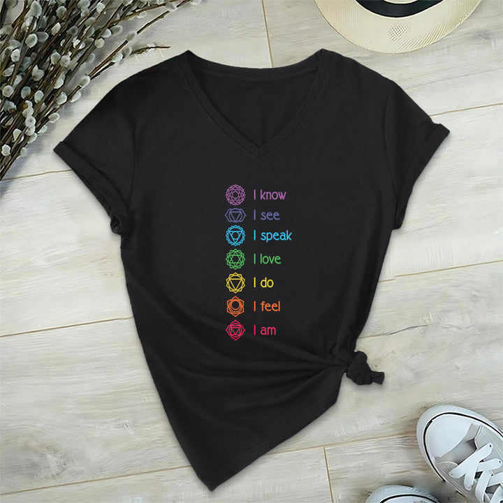 T-shirt à col en V pour femme Olivenorma avec symbole arc-en-ciel vertical et affirmation des 7 chakras - Noir - 2XL - image 0