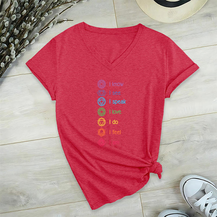 T-shirt à col en V pour femme Olivenorma avec symbole arc-en-ciel vertical et affirmation des 7 chakras - Rouge - 2XL - image 27
