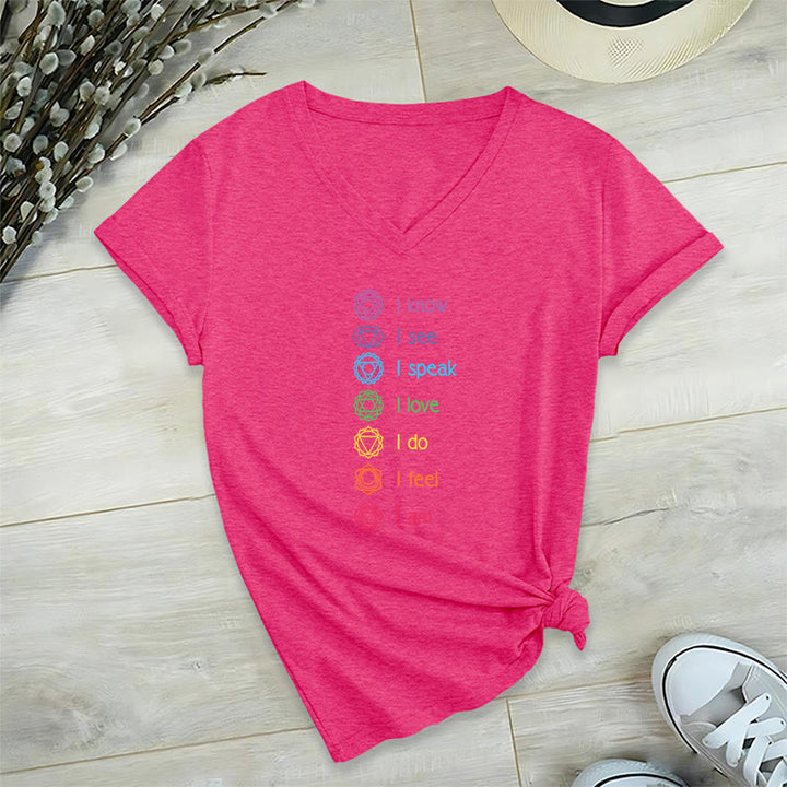 T-shirt à col en V pour femme Olivenorma avec symbole arc-en-ciel vertical et affirmation des 7 chakras - Rose rouge - 2XL - image 33
