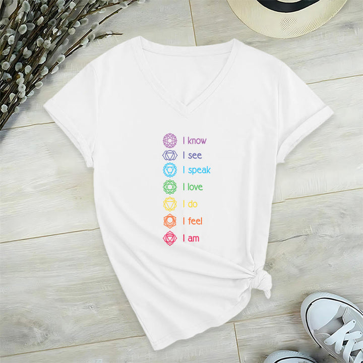 T-shirt à col en V pour femme Olivenorma avec symbole arc-en-ciel vertical et affirmation des 7 chakras - Blanc - 2XL - image 18