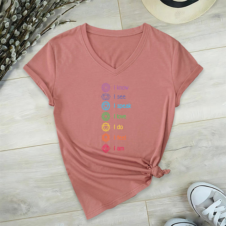 T-shirt à col en V pour femme Olivenorma avec symbole arc-en-ciel vertical et affirmation des 7 chakras - Rose - 2XL - image 9
