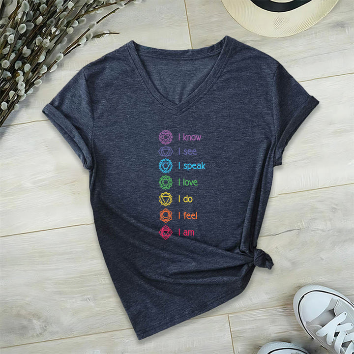T-shirt à col en V pour femme Olivenorma avec symbole arc-en-ciel vertical et affirmation des 7 chakras - Bleu marine - 2XL - image 21