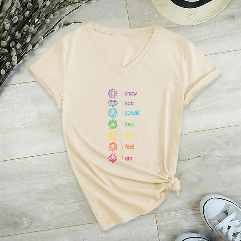 T-shirt à col en V pour femme Olivenorma avec symbole arc-en-ciel vertical et affirmation des 7 chakras - Kaki - 2XL - image 6