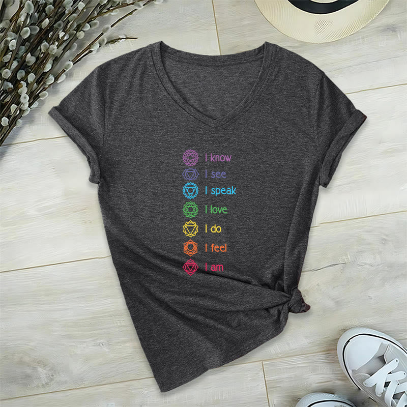 T-shirt à col en V pour femme Olivenorma avec symbole arc-en-ciel vertical et affirmation des 7 chakras - Gris - 2XL - image 15