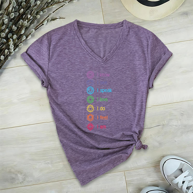 T-shirt à col en V pour femme Olivenorma avec symbole arc-en-ciel vertical et affirmation des 7 chakras - Violet - 2XL - image 36