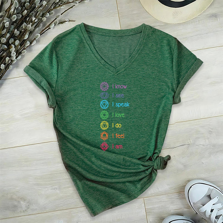 T-shirt à col en V pour femme Olivenorma avec symbole arc-en-ciel vertical et affirmation des 7 chakras - Vert foncé - 2XL - image 24