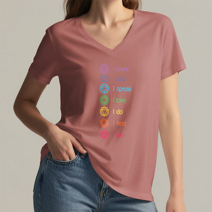 T-shirt à col en V pour femme Olivenorma avec symbole arc-en-ciel vertical et affirmation des 7 chakras - image 11