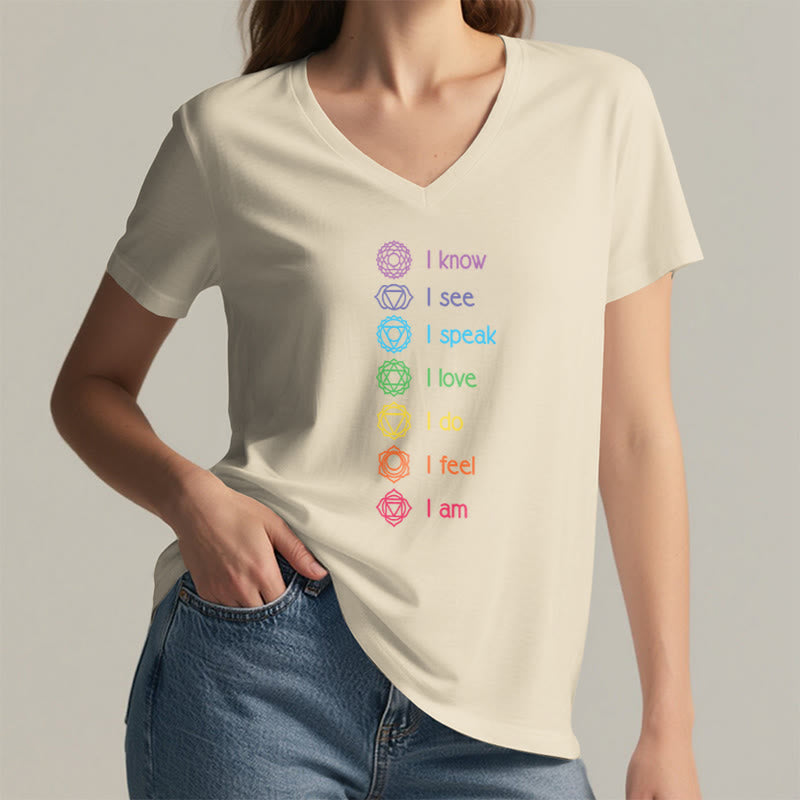 T-shirt à col en V pour femme Olivenorma avec symbole arc-en-ciel vertical et affirmation des 7 chakras - image 8
