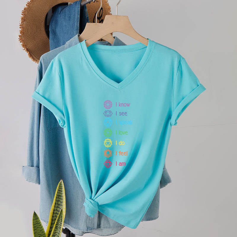 T-shirt à col en V pour femme Olivenorma avec symbole arc-en-ciel vertical et affirmation des 7 chakras - image 13