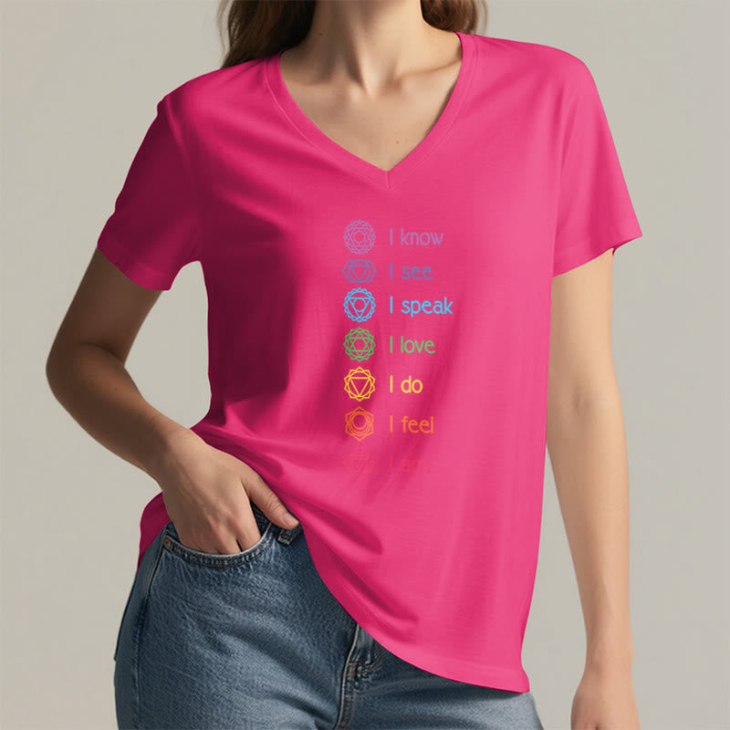 T-shirt à col en V pour femme Olivenorma avec symbole arc-en-ciel vertical et affirmation des 7 chakras - image 35