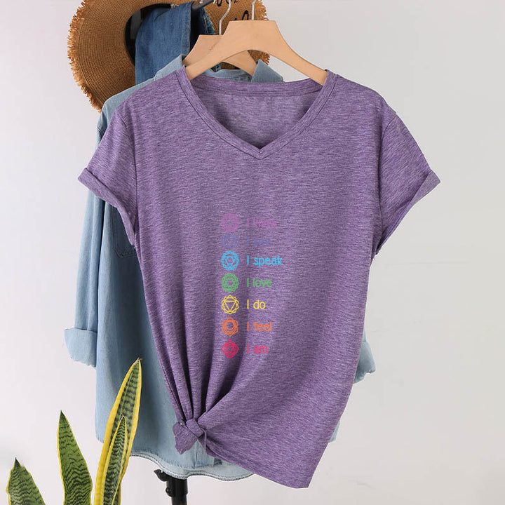 T-shirt à col en V pour femme Olivenorma avec symbole arc-en-ciel vertical et affirmation des 7 chakras - image 37
