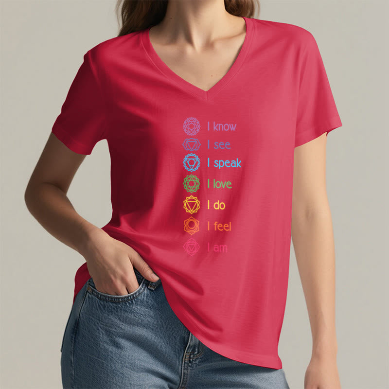 T-shirt à col en V pour femme Olivenorma avec symbole arc-en-ciel vertical et affirmation des 7 chakras - image 29