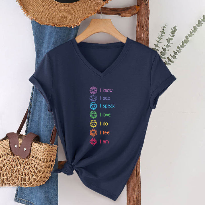 T-shirt à col en V pour femme Olivenorma avec symbole arc-en-ciel vertical et affirmation des 7 chakras - image 22