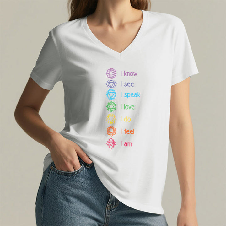 T-shirt à col en V pour femme Olivenorma avec symbole arc-en-ciel vertical et affirmation des 7 chakras - image 20