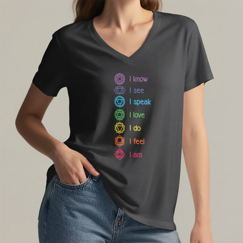 T-shirt à col en V pour femme Olivenorma avec symbole arc-en-ciel vertical et affirmation des 7 chakras - image 17