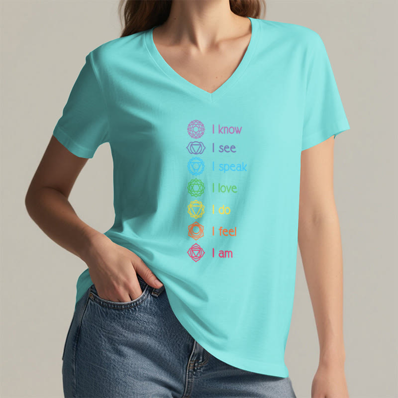 T-shirt à col en V pour femme Olivenorma avec symbole arc-en-ciel vertical et affirmation des 7 chakras - image 14