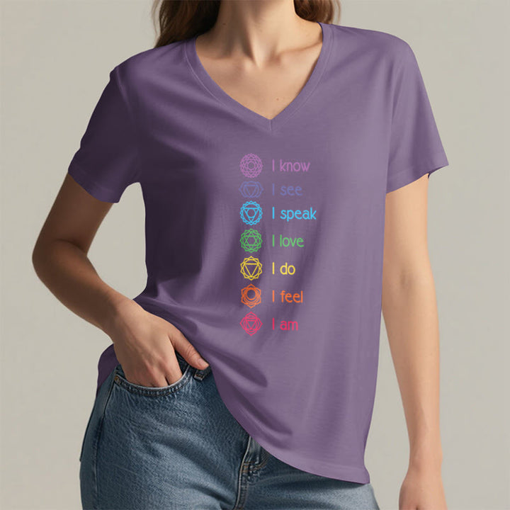 T-shirt à col en V pour femme Olivenorma avec symbole arc-en-ciel vertical et affirmation des 7 chakras - image 38