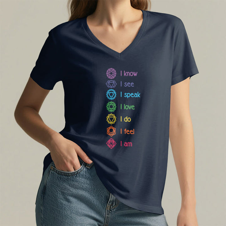 T-shirt à col en V pour femme Olivenorma avec symbole arc-en-ciel vertical et affirmation des 7 chakras - image 23