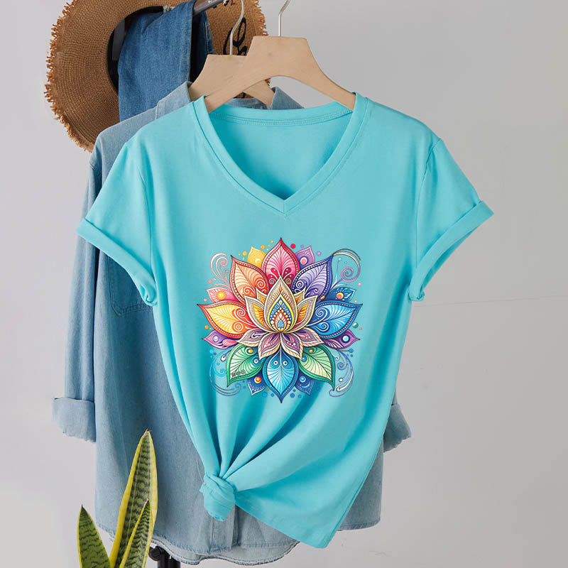 T-shirt Olivenorma à col en V pour femme, motif mandala lotus arc-en-ciel vibrant, style bohème - Lac Bleu - 2XL - image 12