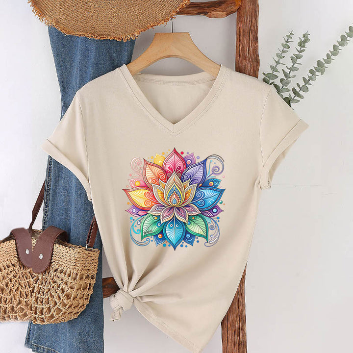 T-shirt Olivenorma à col en V pour femme, motif mandala lotus arc-en-ciel vibrant, style bohème - Kaki - 2XL - image 6