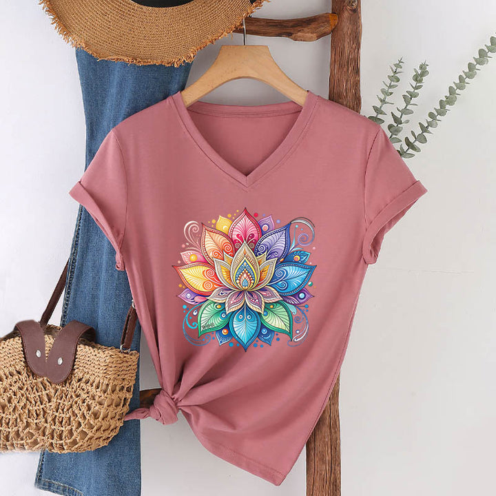T-shirt Olivenorma à col en V pour femme, motif mandala lotus arc-en-ciel vibrant, style bohème - Rose - 2XL - image 9