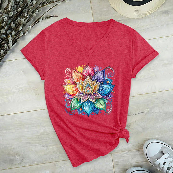 T-shirt Olivenorma à col en V pour femme, motif mandala lotus arc-en-ciel vibrant, style bohème - image 31