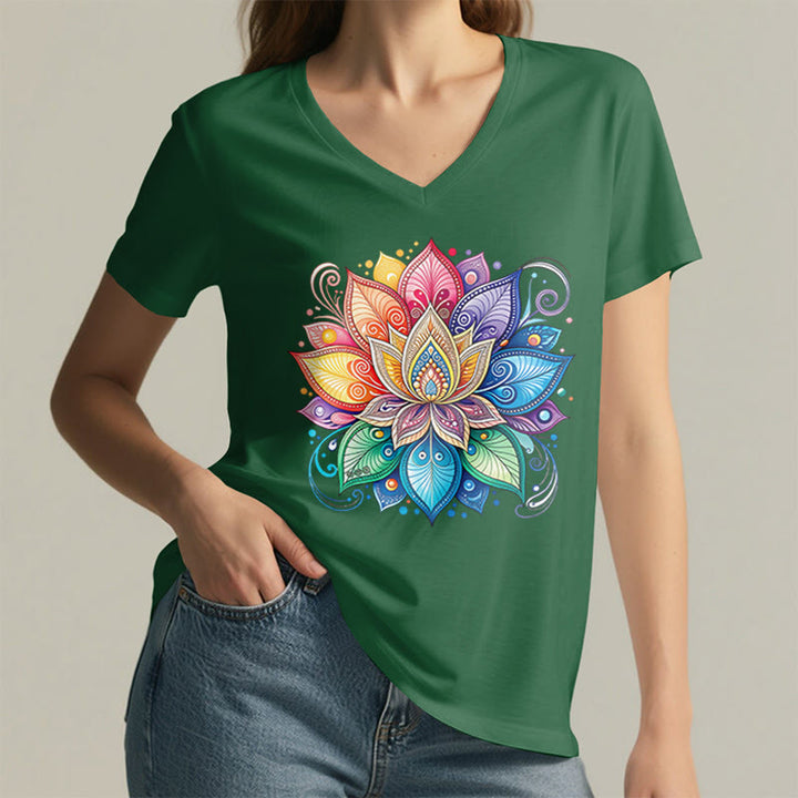 T-shirt Olivenorma à col en V pour femme, motif mandala lotus arc-en-ciel vibrant, style bohème - image 29