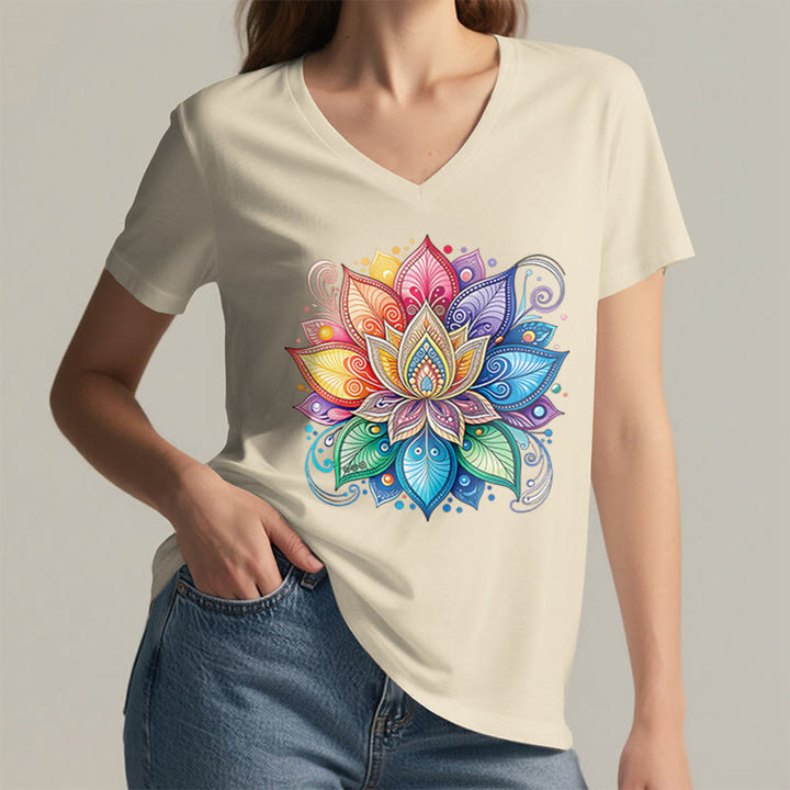 T-shirt Olivenorma à col en V pour femme, motif mandala lotus arc-en-ciel vibrant, style bohème - image 8