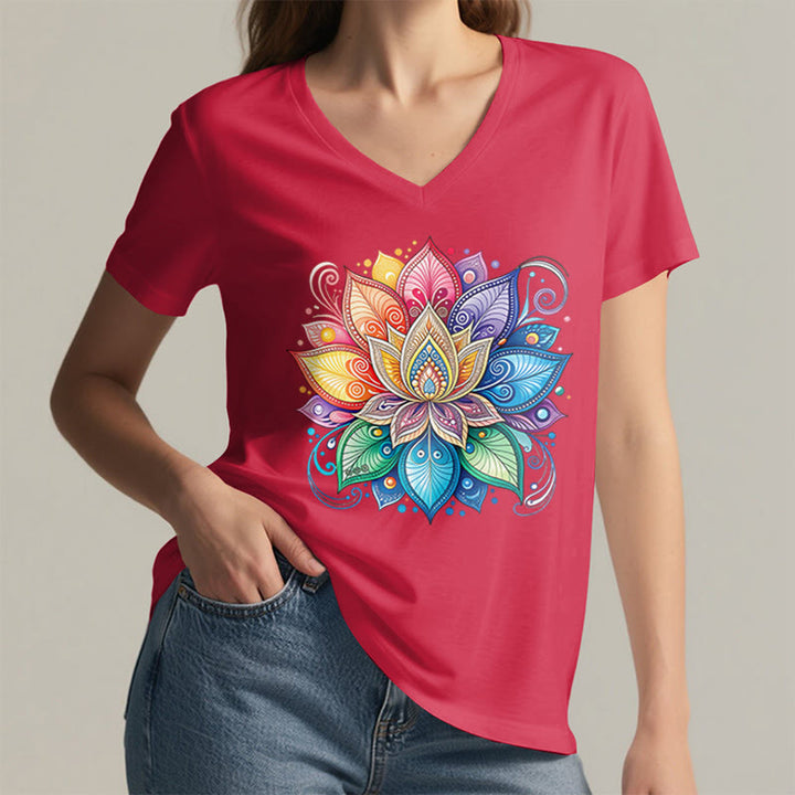 T-shirt Olivenorma à col en V pour femme, motif mandala lotus arc-en-ciel vibrant, style bohème - image 32