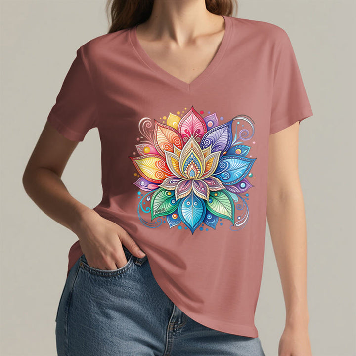 T-shirt Olivenorma à col en V pour femme, motif mandala lotus arc-en-ciel vibrant, style bohème - image 11
