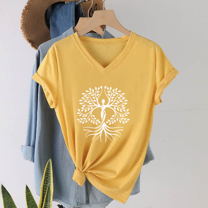 T-shirt Olivenorma à col en V pour femme, motif spirituel Arbre de Vie et silhouette humaine en feuille d'or - Jaune - 2XL - image 30