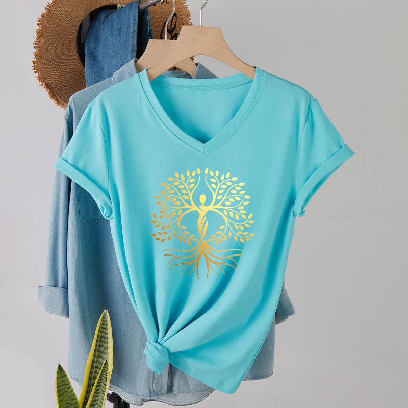 T-shirt Olivenorma à col en V pour femme, motif spirituel Arbre de Vie et silhouette humaine en feuille d'or - Lac Bleu - 2XL - image 9