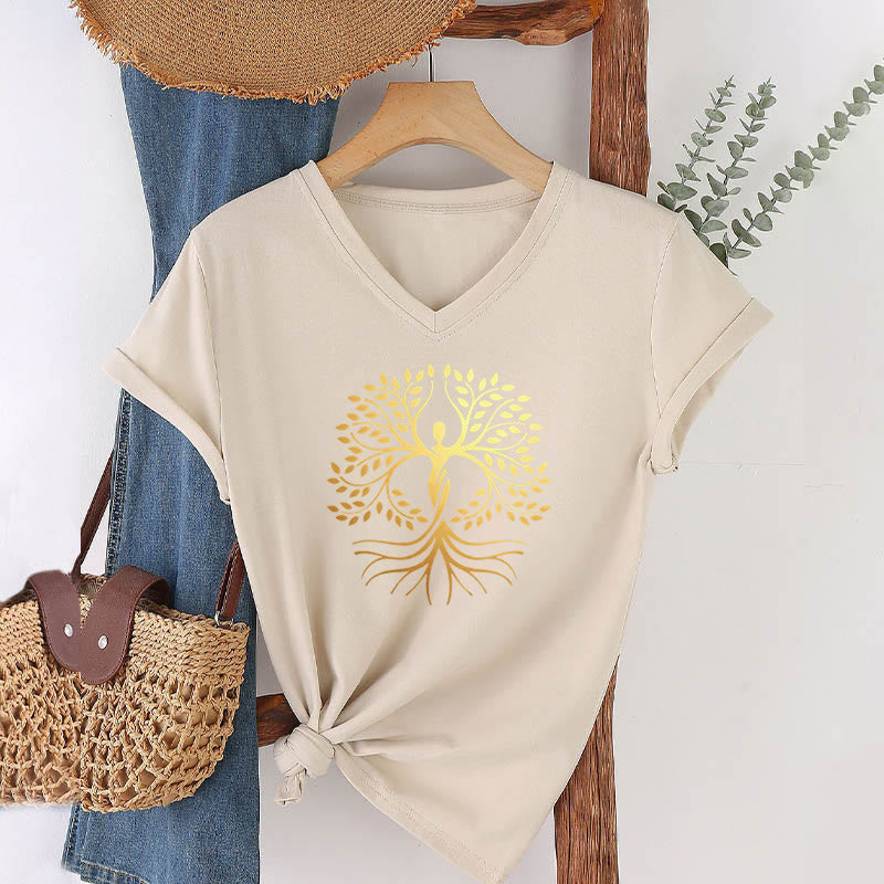 T-shirt Olivenorma à col en V pour femme, motif spirituel Arbre de Vie et silhouette humaine en feuille d'or - Kaki - 2XL - image 3