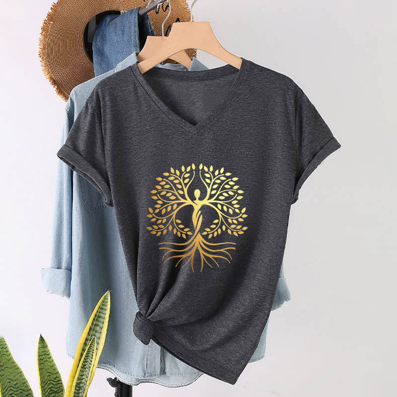 T-shirt Olivenorma à col en V pour femme, motif spirituel Arbre de Vie et silhouette humaine en feuille d'or - Gris - 2XL - image 15