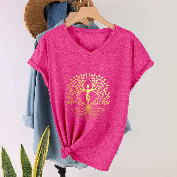 T-shirt Olivenorma à col en V pour femme, motif spirituel Arbre de Vie et silhouette humaine en feuille d'or - Rose rouge - 2XL - image 33