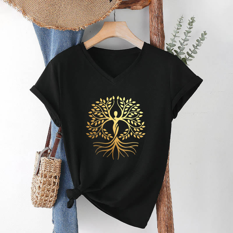 T-shirt Olivenorma à col en V pour femme, motif spirituel Arbre de Vie et silhouette humaine en feuille d'or - Noir - 2XL - image 12