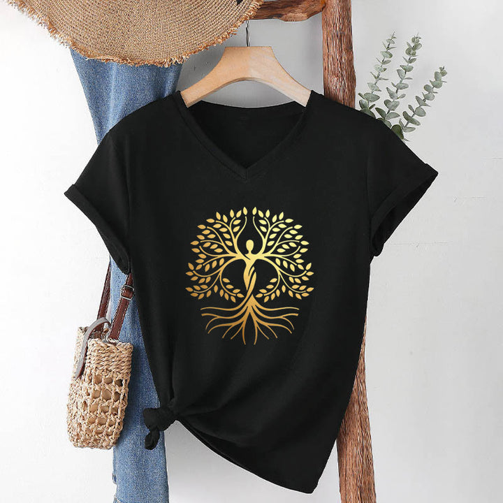 T-shirt Olivenorma à col en V pour femme, motif spirituel Arbre de Vie et silhouette humaine en feuille d'or - Noir - 2XL - image 12