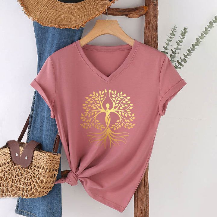 T-shirt Olivenorma à col en V pour femme, motif spirituel Arbre de Vie et silhouette humaine en feuille d'or - Rose - 2XL - image 6