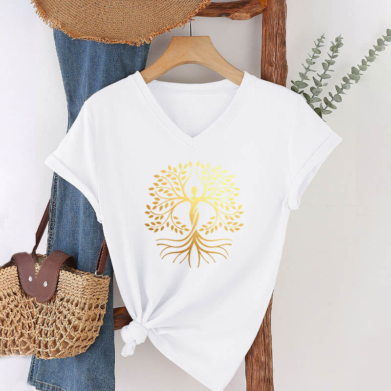 T-shirt Olivenorma à col en V pour femme, motif spirituel Arbre de Vie et silhouette humaine en feuille d'or - Blanc - 2XL - image 18