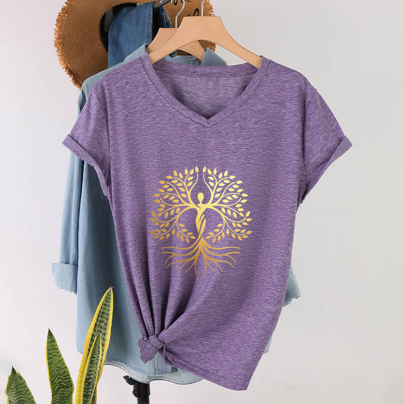 T-shirt Olivenorma à col en V pour femme, motif spirituel Arbre de Vie et silhouette humaine en feuille d'or - Violet - 2XL - image 36