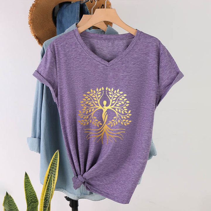 T-shirt Olivenorma à col en V pour femme, motif spirituel Arbre de Vie et silhouette humaine en feuille d'or - Violet - 2XL - image 36