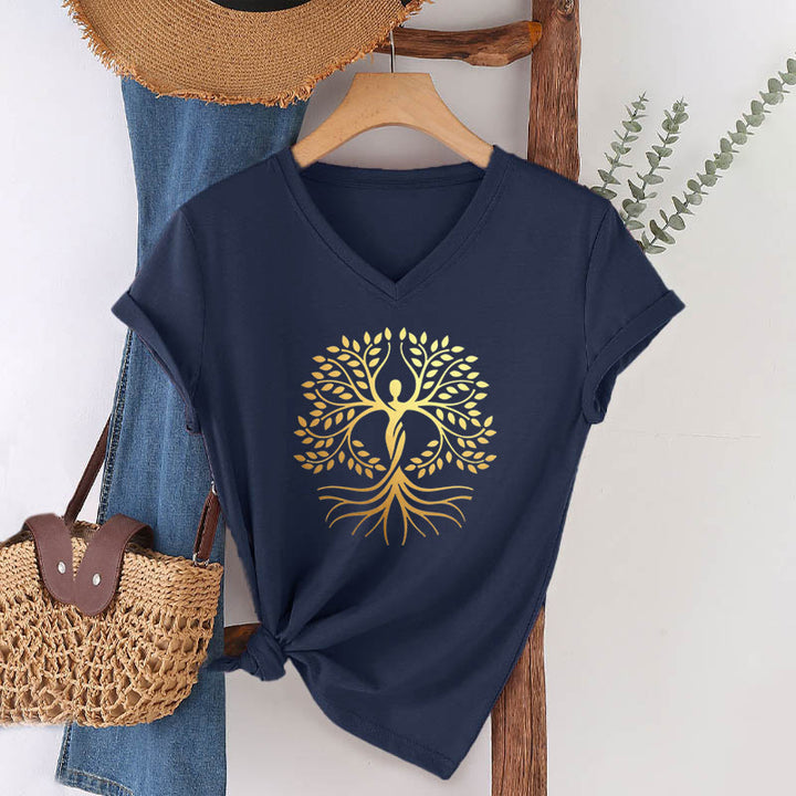 T-shirt Olivenorma à col en V pour femme, motif spirituel Arbre de Vie et silhouette humaine en feuille d'or - Bleu marine - 2XL - image 21