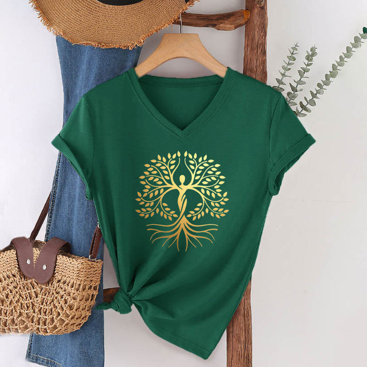 T-shirt Olivenorma à col en V pour femme, motif spirituel Arbre de Vie et silhouette humaine en feuille d'or - Vert foncé - 2XL - image 24