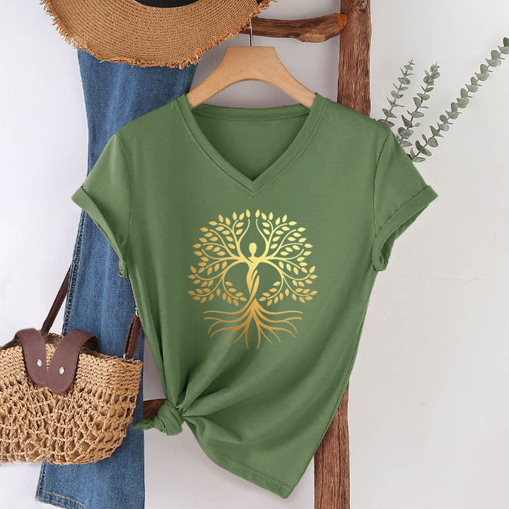 T-shirt Olivenorma à col en V pour femme, motif spirituel Arbre de Vie et silhouette humaine en feuille d'or - Vert olive - 2XL - image 0