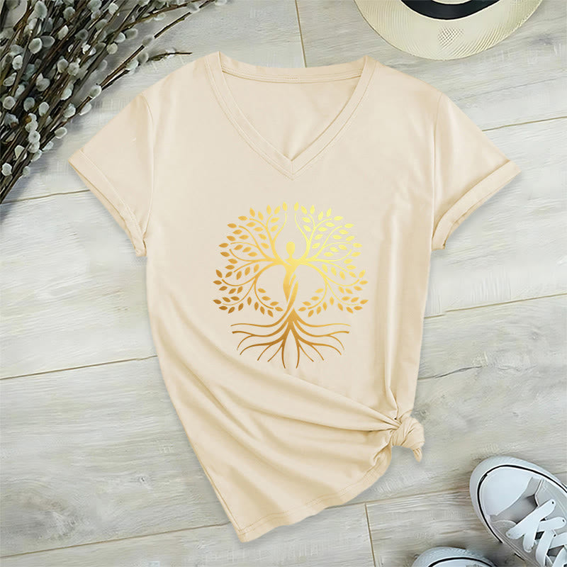 T-shirt Olivenorma à col en V pour femme, motif spirituel Arbre de Vie et silhouette humaine en feuille d'or - image 4