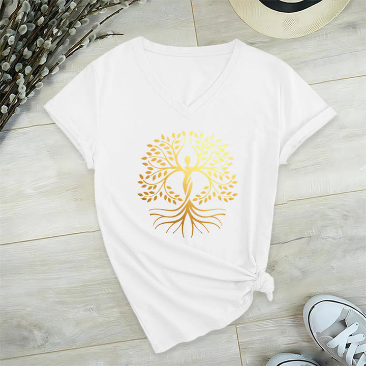 T-shirt Olivenorma à col en V pour femme, motif spirituel Arbre de Vie et silhouette humaine en feuille d'or - image 19