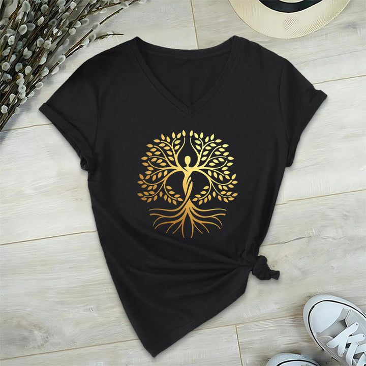 T-shirt Olivenorma à col en V pour femme, motif spirituel Arbre de Vie et silhouette humaine en feuille d'or - image 13